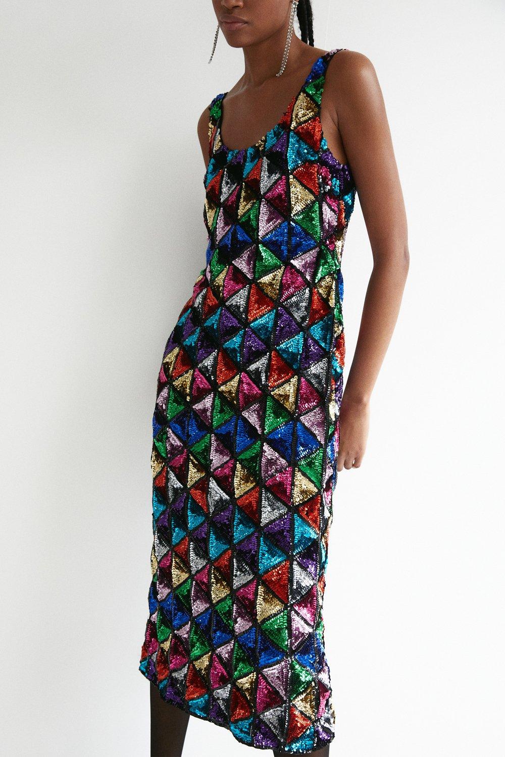 Rainbow Sequin Midi Dress | Warehouse